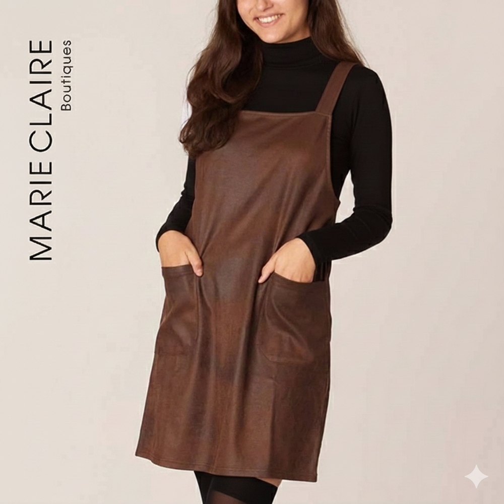 NWT Sz M Marie Claire Pinafore Dress Jumper Vegan Faux Suede, Brown - Picture 2 of 7